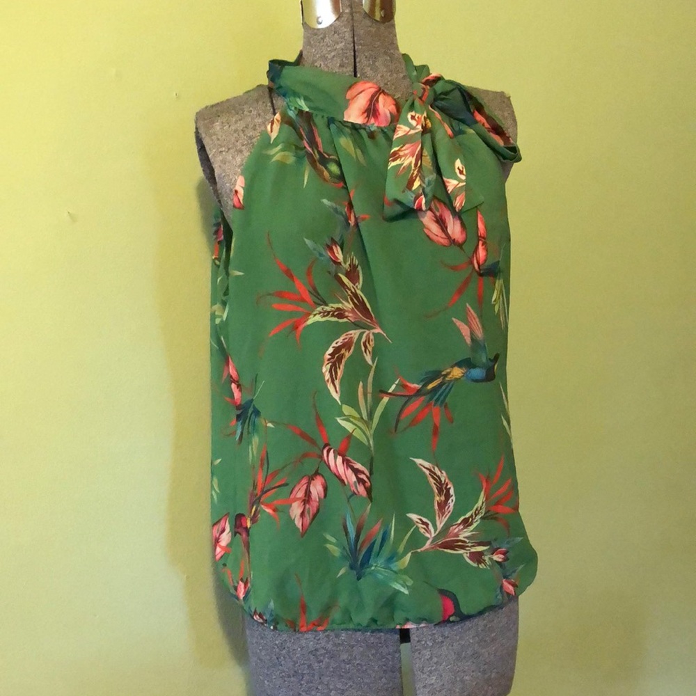 Green Tropical Floral Sleeveless Pussybow Blouse
